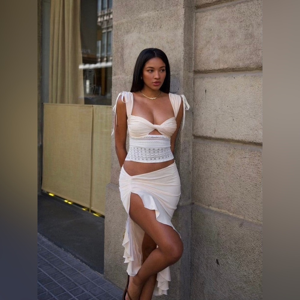 White Lace Crop Top and Skirt Set |Satin & Lace Co-Ord Set | Crop Top & Skirt - Picture 8 of 16